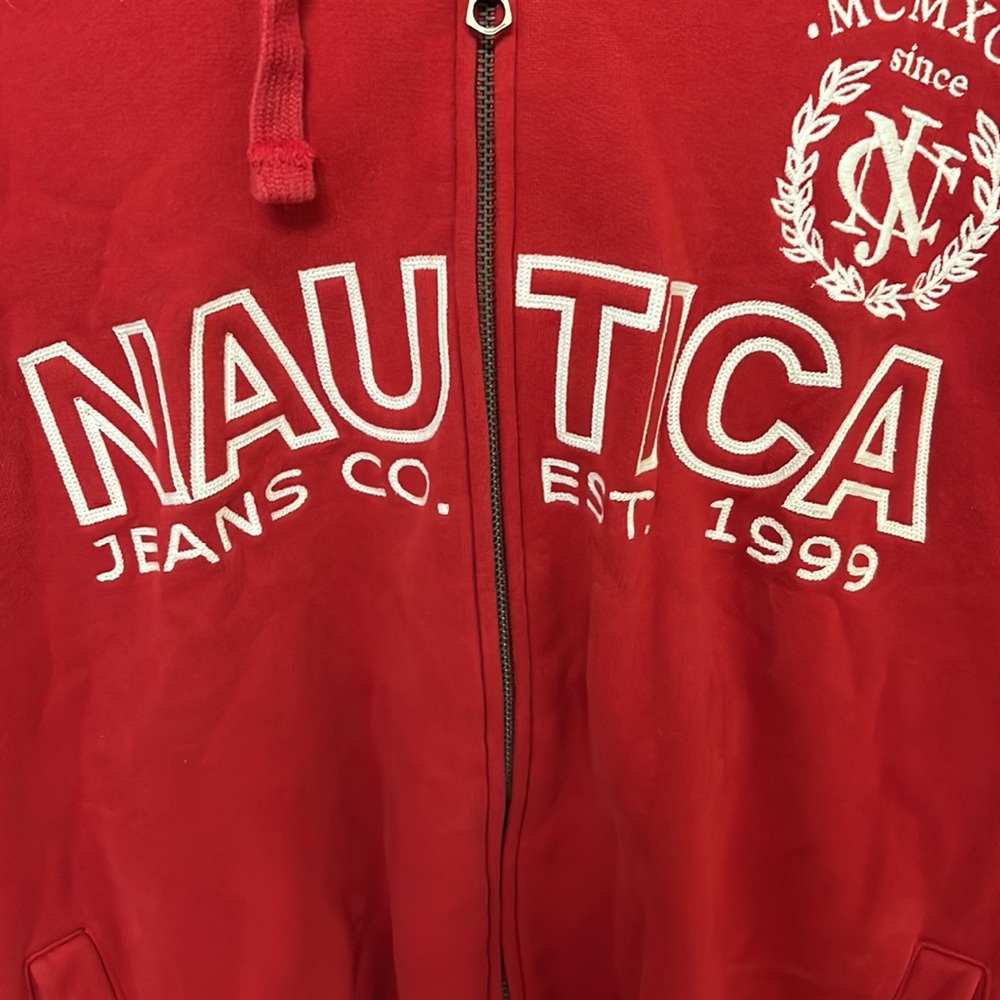 Vintage Nautica Jeans Co Fleece lined Hoodie Red Sweatshirt Zip up Jacket - Picture 6 of 9